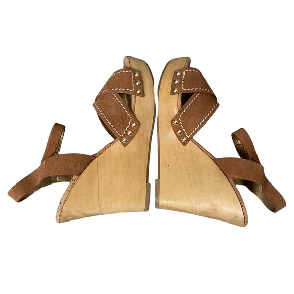 Sam Edelman Suede Leather Wedge Sandals Size 9.5 Brown Cairo Wooden Heel - Picture 5 of 9